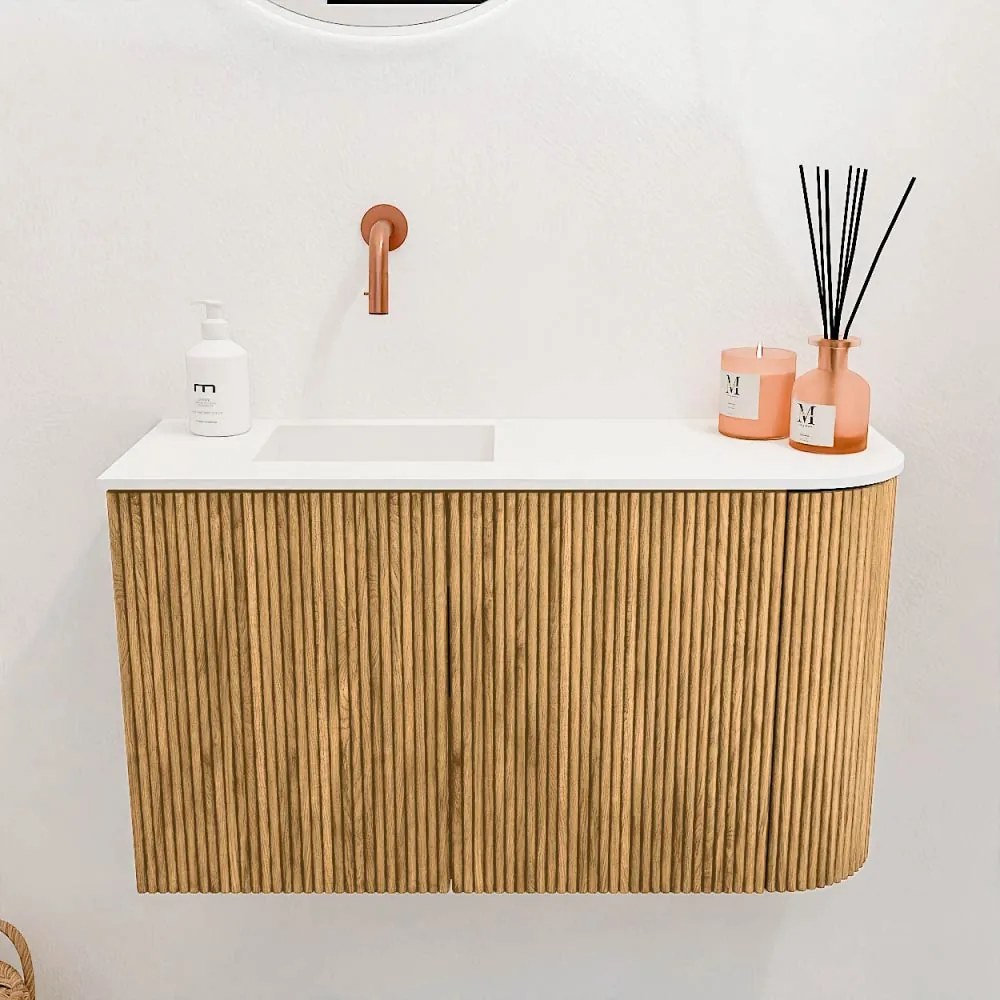 Mondiaz Joya 70cm toiletmeubel ronding rechts oak met wastafel faye links zonder kraangat talc