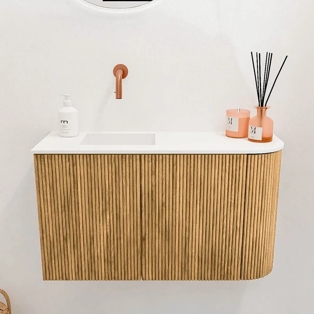Commode Ronding Inkomhal Mondiaz Joya 70cm toiletmeubel ronding rechts oak met wastafel faye ...