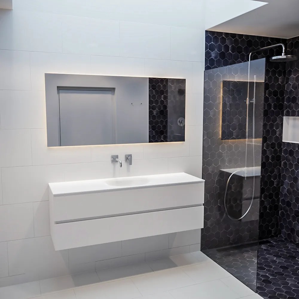 Mondiaz Vica 150cm badmeubel talc 2 lades wastafel Moon midden zonder kraangat