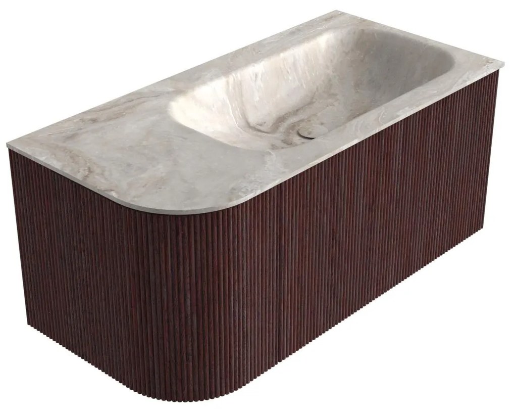 Mondiaz Kurve-dlux 95cm badmeubel ronding links ruby met 1 lade en deur en wastafel big small rechts zonder kraangat frappe