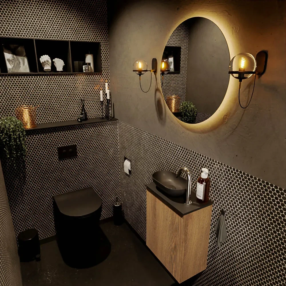 Mondiaz Fowy toiletmeubel 40cm washed oak met zwarte waskom links en kraangat