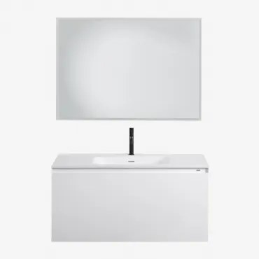 Macrae Zwevend Houten Badkamermeubelset Met Geïntegreerde Wastafel Wit & Rechthoekige Led En Anticondens 100x70 Cm Riben & Mat Zwart ↑20 Cm Met Afvoer