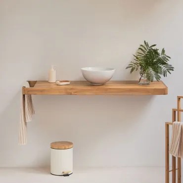 Conjunto Van Meubel 130x45 Cm Hangend In Teakhout Neill Teakhout & Rond Wit Keramiek Ø30 Cm Calgari & Spiegelloze & Zonder Kraan & Zonder Sifon -