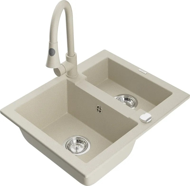 Mexen Carlos granitische gootsteen 1,5-komors met keukenkraan Elia, beige - 6518-69-670101-69