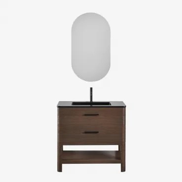 Badkamermeubelset In Hout Met Geïntegreerde Wastafel Misene Donker Hout & Ovaal Met Opbergruimte Zwart 50x90 Cm Oricsa & Mat Zwart - Sklum