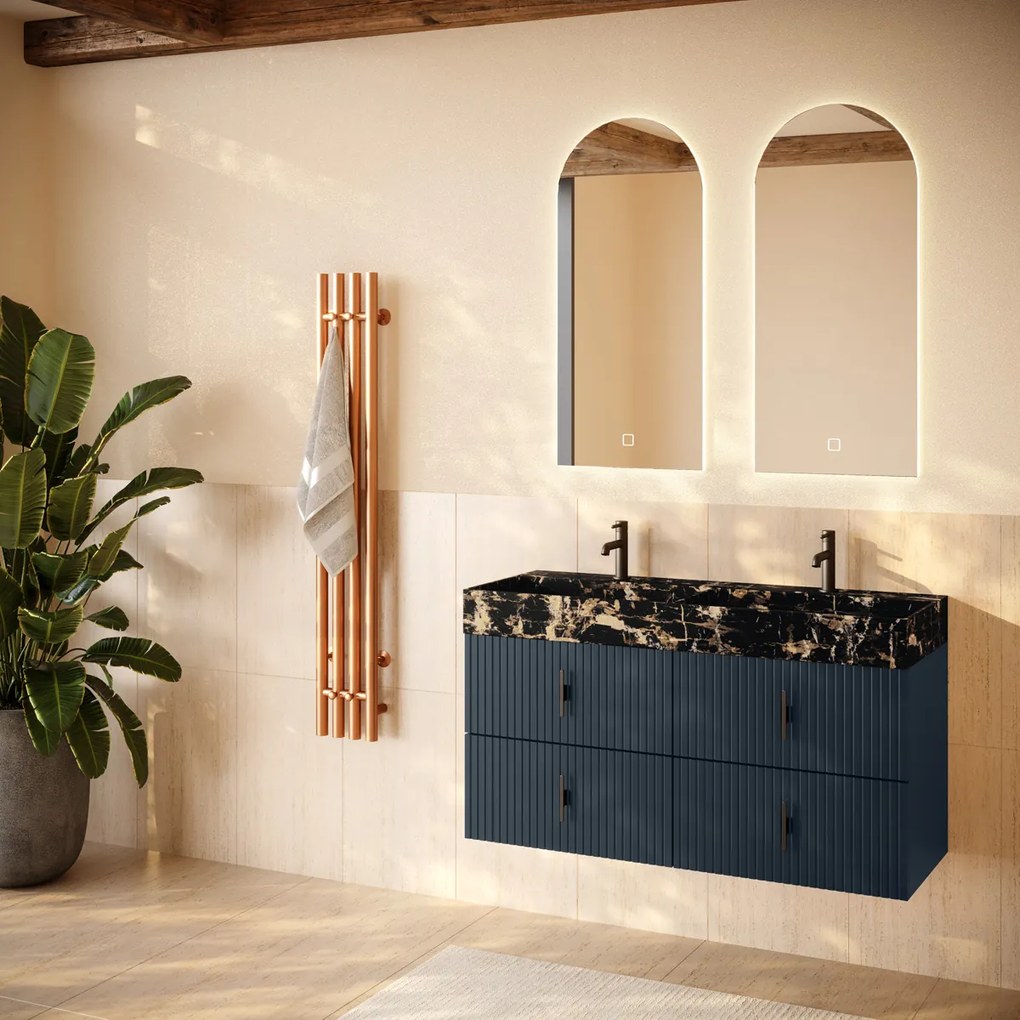 Muebles Murcia badmeubel ribbelfront 120cm marine blauw met Portoro Gold wastafel met kraangaten