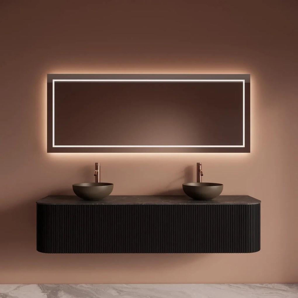 Gliss Design Alluro badmeubel ribbelfront met ronding links/rechts 180cm black en zwart leisteen toppaneel