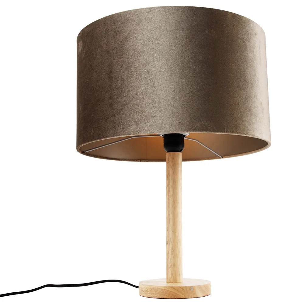 Tafellamp hout met velours kap taupe 35cm - Mels Landelijk, Klassiek / Antiek E27 rond Binnenverlichting Lamp