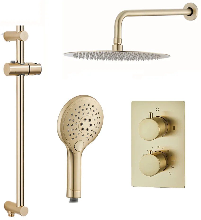 Saniclear Brass inbouwregendouche met 30cm hoofddouche, wandarm, 2 standen handdouche en glijstang geborsteld messing - mat goud