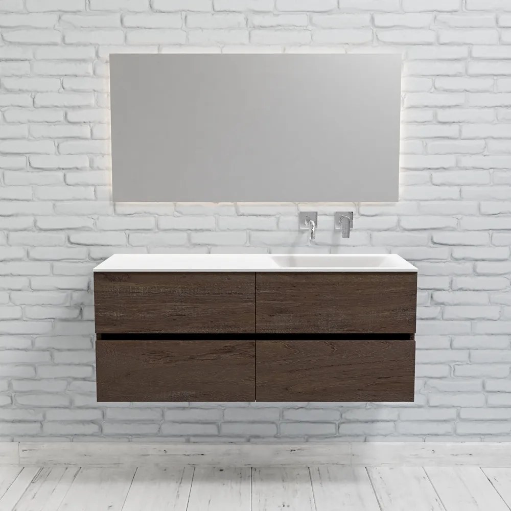 Zaro Valencia Solid Surface badmeubel 120cm donker eiken zonder kraangat spoelbak rechts met 4 lades