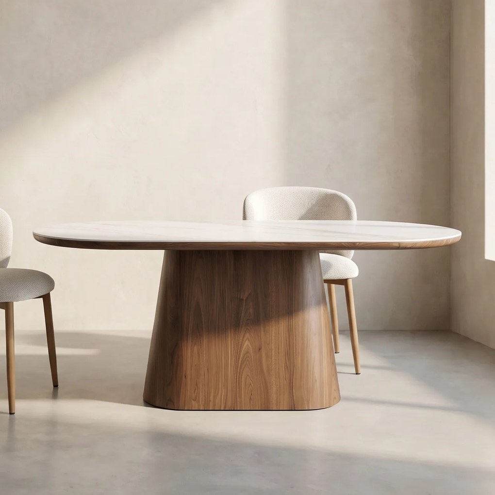 Ovale Eettafel Walnoot En Wit Marmer 180 Cm - 180 X 90cm.