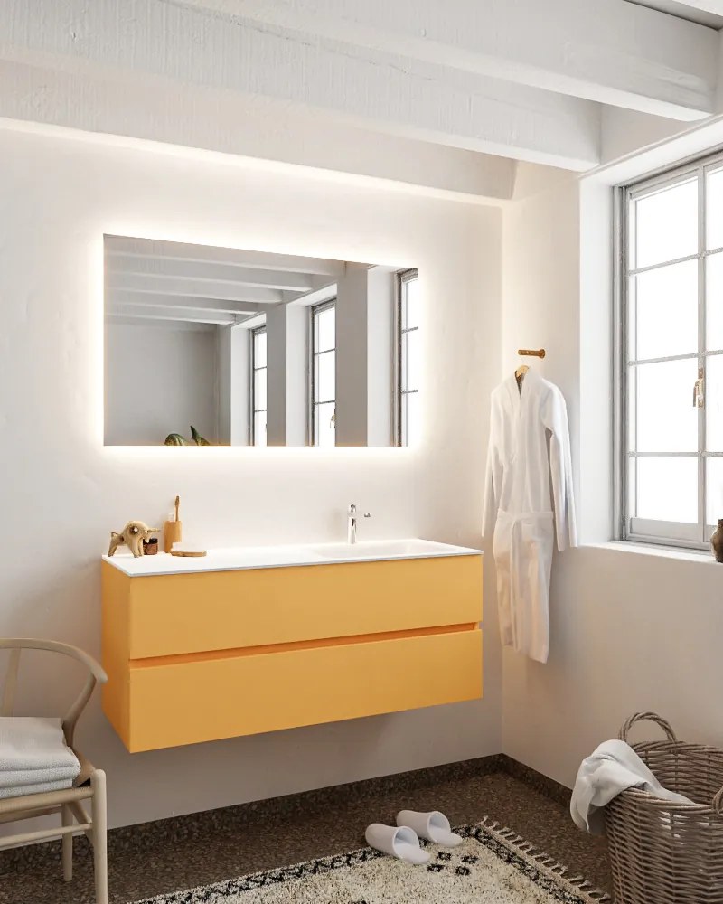 Mondiaz Vica 120cm badmeubel ocher 2 lades wastafel Cloud rechts met 1 kraangat