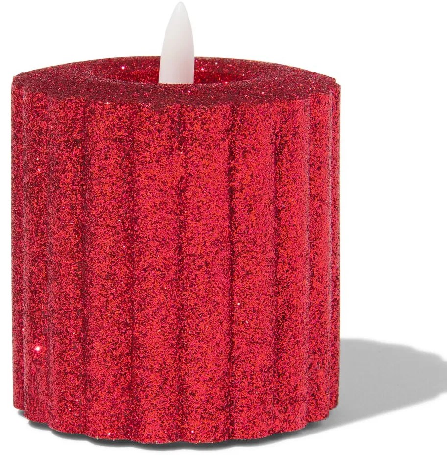 HEMA LED Ribbel Kaars Ø7.5x8 Rood Met Glitters