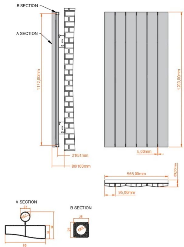 Eastbrook Fairford radiator 55x120cm aluminium 1144W wit mat