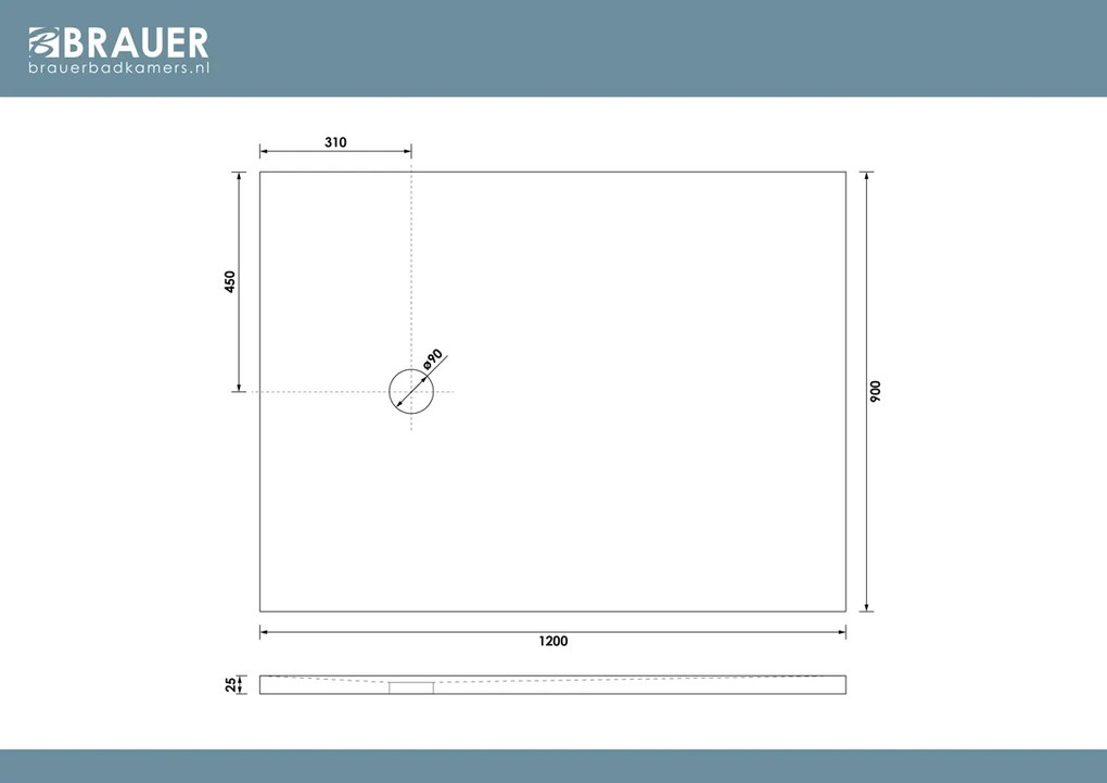 Brauer Asteroid douchevloer 90x120cm mineraalmarmer wit mat