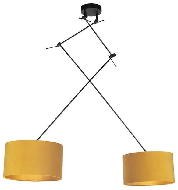 Stoffen Eettafel / Eetkamer Hanglamp met velours kappen oker met goud 35 cm - Blitz II zwart Landelijk / Rustiek E27 cilinder / rond rond Binnenverlichting Lamp