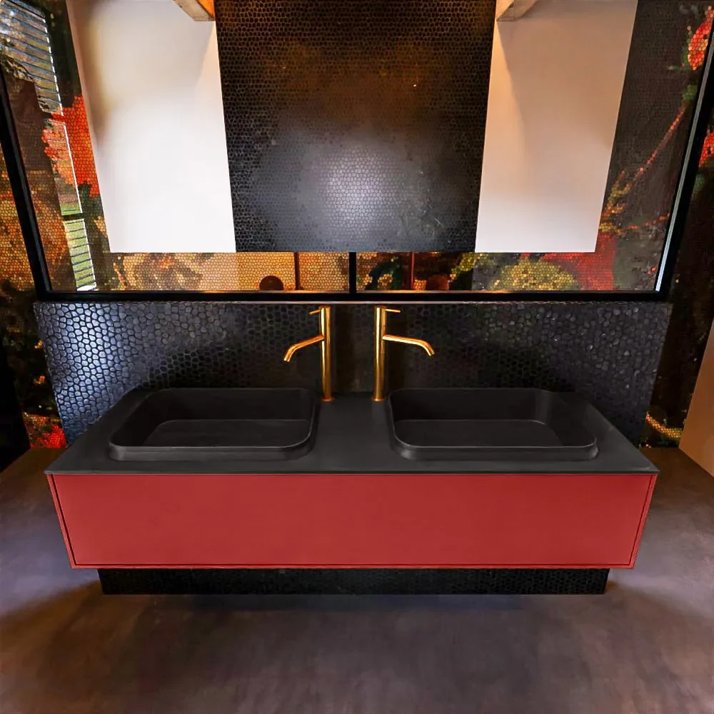 Mondiaz Erin 150cm badmeubel Fire met 1 lade en zwarte wastafel dubbel 2 kraangaten