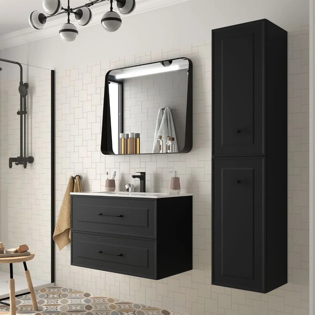 Muebles Renoir badmeubel 60cm zwart mat met keramische wastafel en langwerpige handgrepen zwart