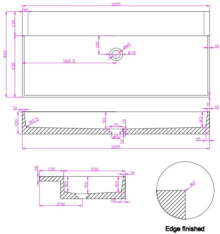Saniclear Dark Emperador marmeren wastafel 100x46cm zonder kraangat
