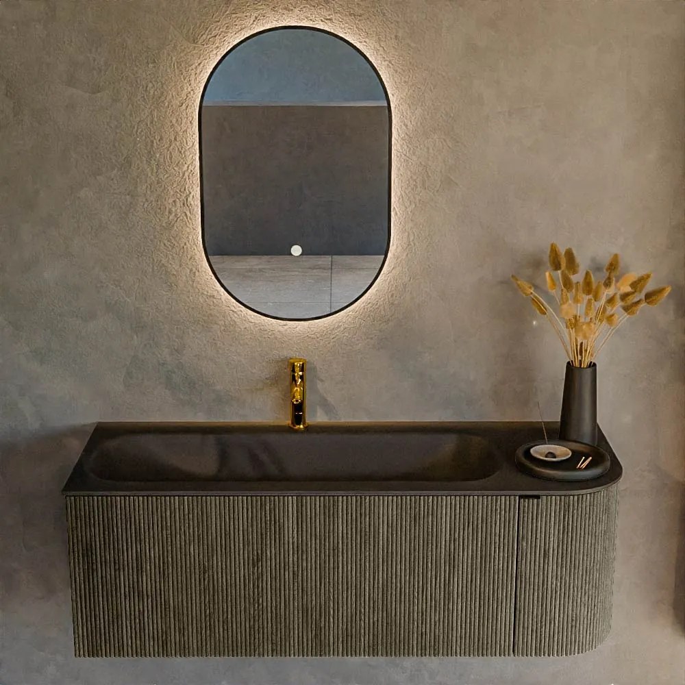 Mondiaz Kurve 125cm badmeubel ronding rechts shadow met 1 lade en deur en wastafel big medium kraangat links urban