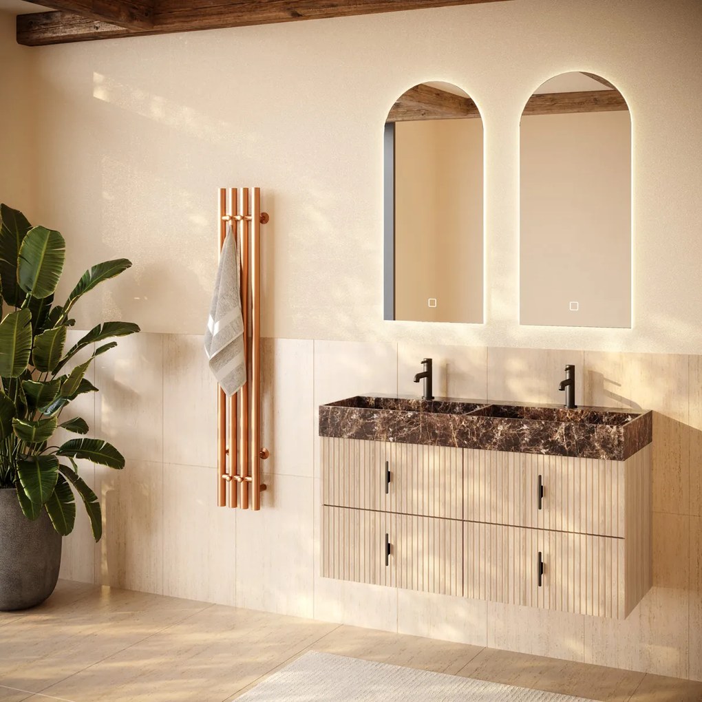 Muebles Murcia badmeubel ribbelfront 120cm naturel eiken met Dark Emperador wastafel met kraangaten