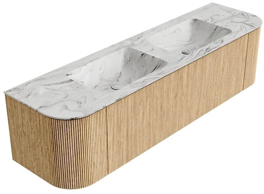 Mondiaz Kurve-dlux 170cm badmeubel ronding links/rechts oak met 1 lade en 2 deuren en wastafel leaf dubbel 2 kraangaten glace