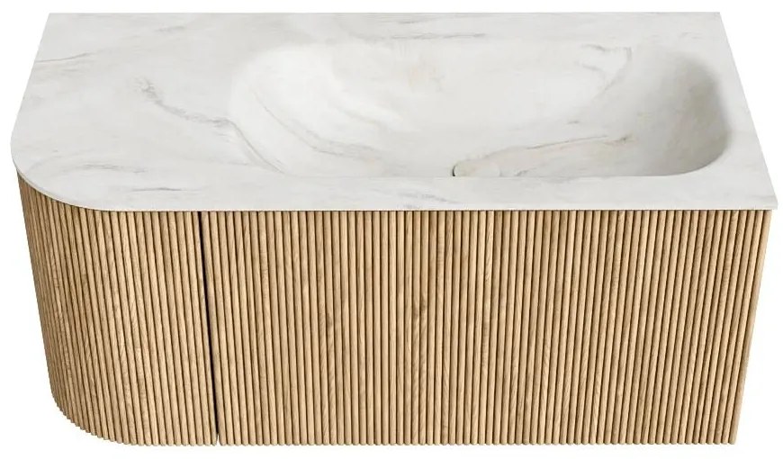 Mondiaz Kurve-dlux 95cm badmeubel ronding links oak met 1 lade en deur en wastafel big small kraangat rechts ostra