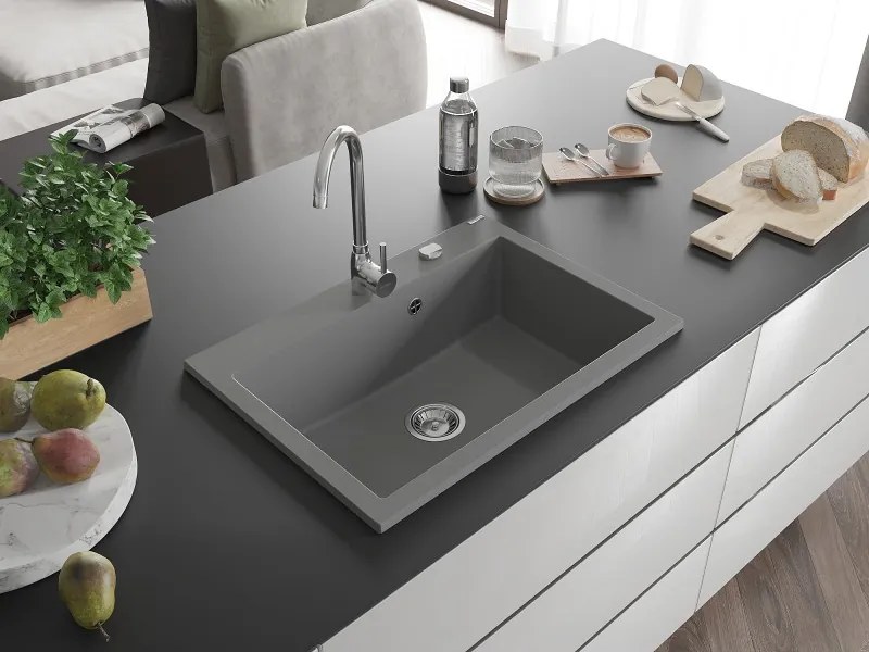 Mexen Elix granieten gootsteen 1-kamer 700 x 500 mm, grijs, chromen sifon - 6526701005-71