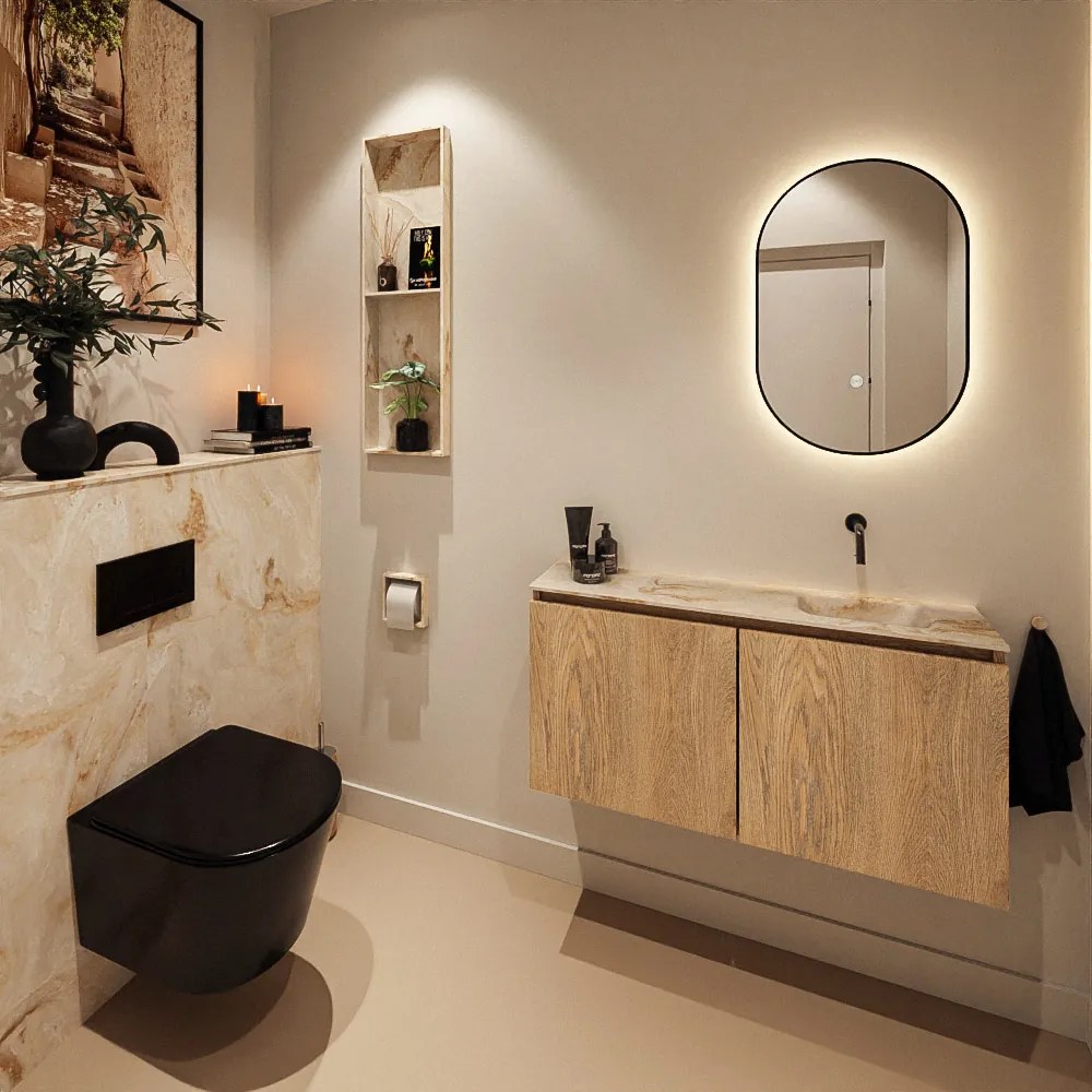 Mondiaz Ture DLux toiletmeubel 100cm washed oak met wastafel frappe rechts zonder kraangat