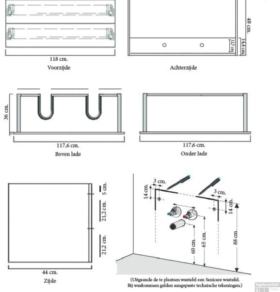 Sanicare Q1 badkamermeubel met 2 laden 120 cm schots-eiken