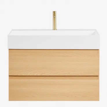 Ona Zwevend Badkamermeubelset Van Hout En Essenfineer Met Geïntegreerde Wastafel Natuurlijk Hout & Spiegelloze & Goud ↑20 Cm - Sklum