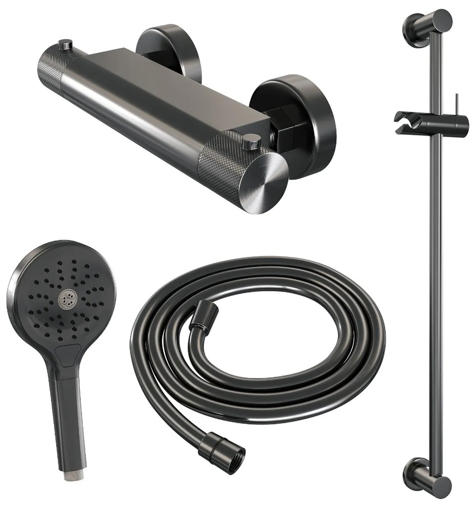 Brauer Gunmetal Carving thermostatische douchekraan met glijstang en 3 standen handdouche gunmetal geborsteld PVD
