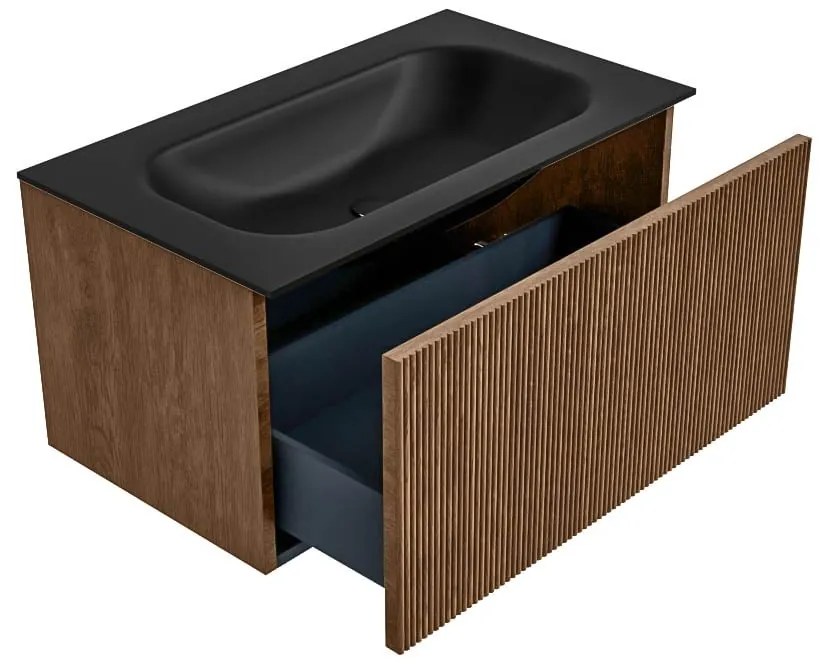 Mondiaz Kurve 80cm badmeubel walnut met 1 lade en wastafel big small midden 1 kraangat urban