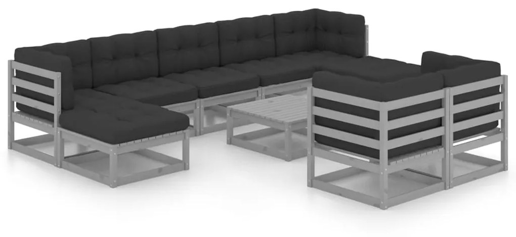 vidaXL 10-delige Loungeset met kussens massief grenenhout grijs