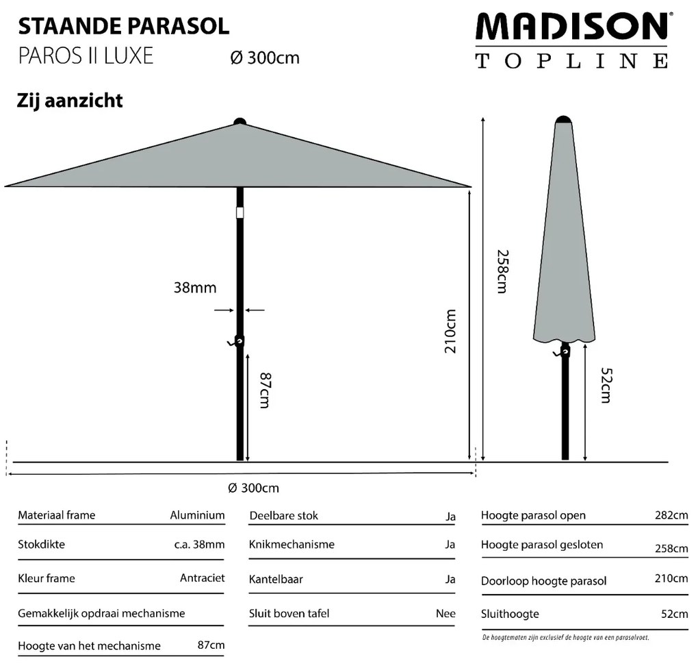 Madison Paros 2 luxe stokparasol - 300 cm. - Safier Blue OP=OP