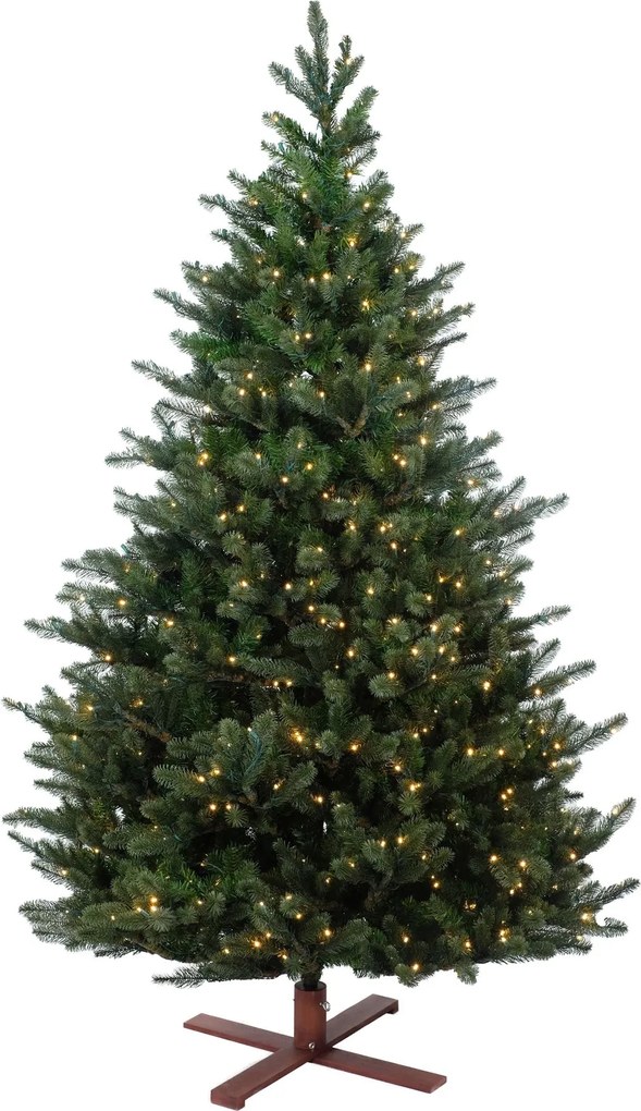 Kentucky Deluxe verlichte kunstkerstboom - 228 cm - Donkergroen - Diameter 145 cm - 2366 tips - 800 ledlampjes (warm wit) - Houten voet