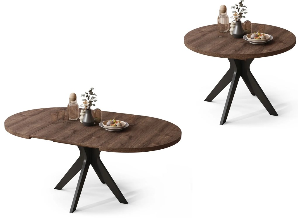 RENZO Bruin Eiken/zwarte poot - RONDE TAFEL Ø110 UITKLAPBAAR TOT 180 cm | VOOR DE KEUKEN EETKAMER WOONKAMER RETRO