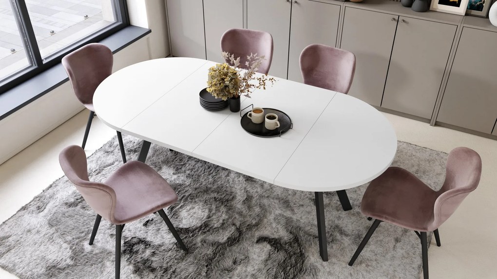 ALMO 100 Wit Mat/Zwarte poten - RONDE LOFT/INDUSTRIËLE TAFEL VOOR WOONKAMER/EETKAMER, UITSCHUIFBAAR