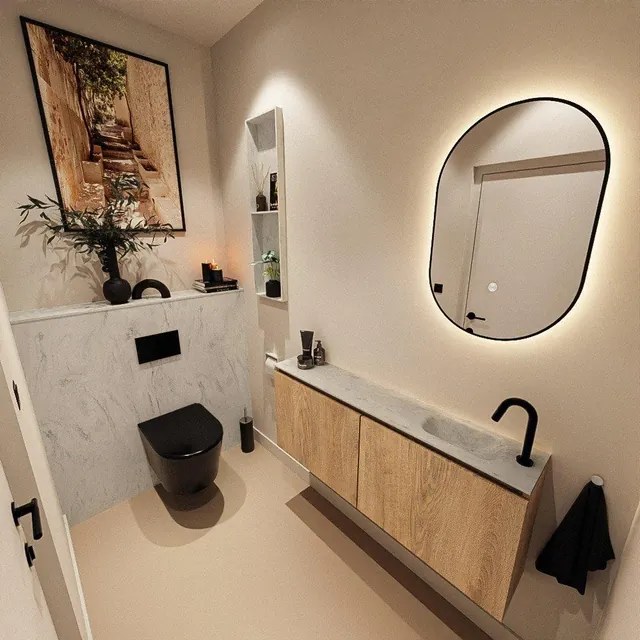 MONDIAZ TURE-DLUX 120cm toiletmeubel Washed Oak. EDEN wastafel Opalo positie rechts. Met 1 kraangat. TUREDX120WASR1OPA