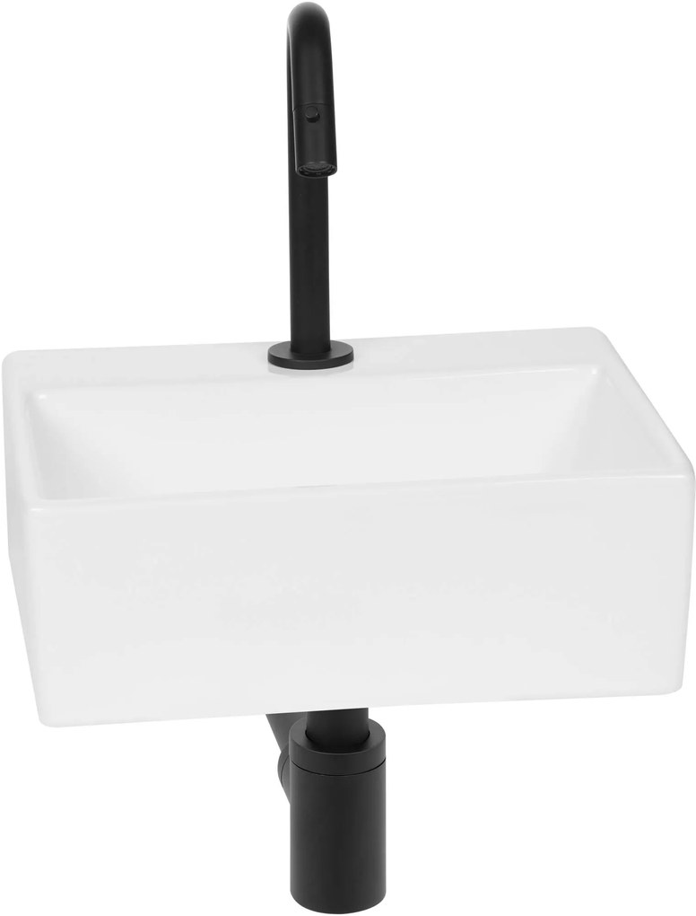 Saqu Basin fonteinset met mat zwarte kraan glanzend wit keramiek