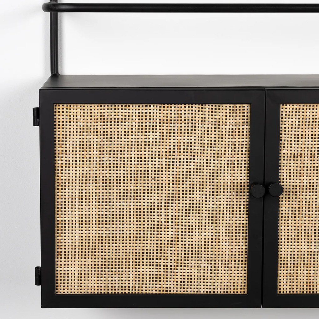Muur Wijnrek Zwart Met Rotan - 60x18x100cm.