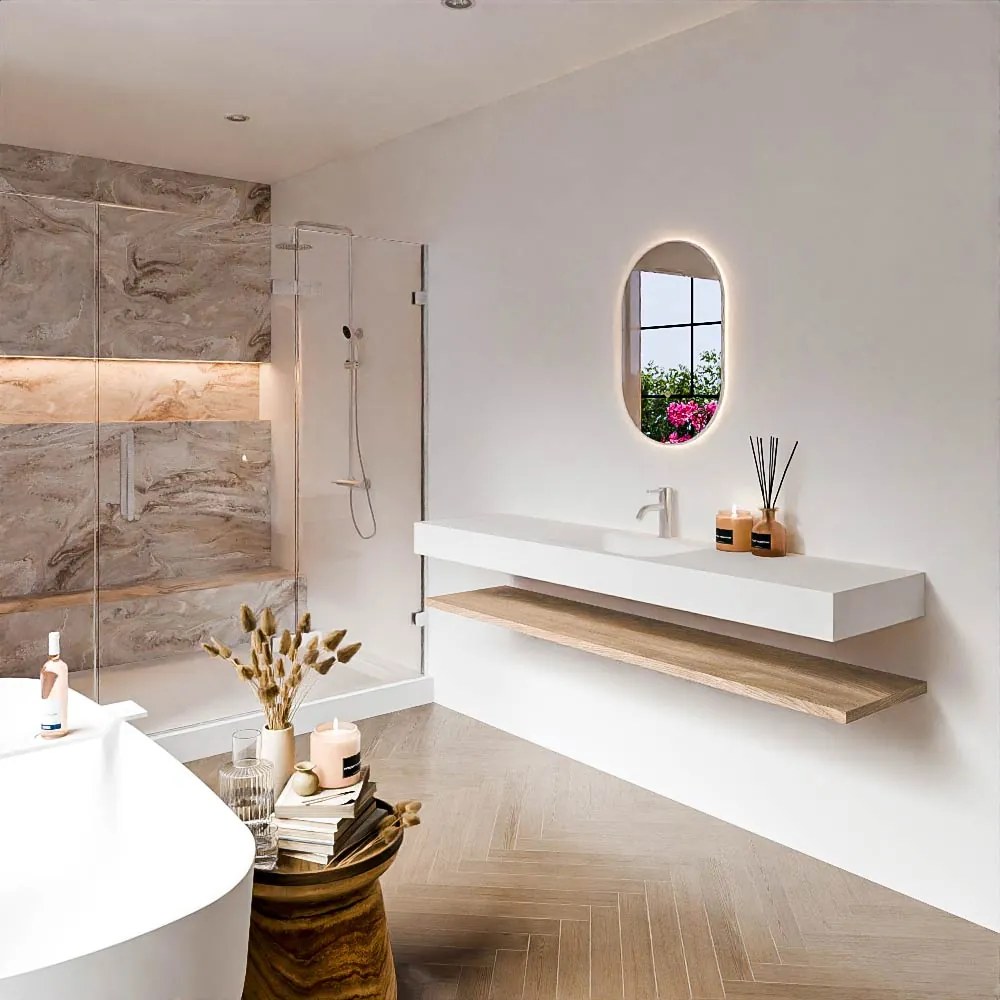 Zaro Alan badmeubel 180cm met planchet washed oak en vrijhangende wastafel cloud midden 1 kraangat talc