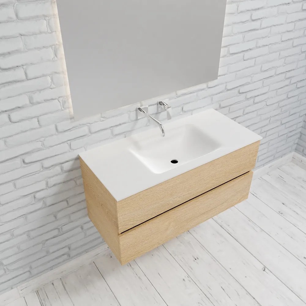 Zaro Valencia Solid Surface badmeubel 100cm licht eiken zonder kraangat spoelbak midden met 2 lades