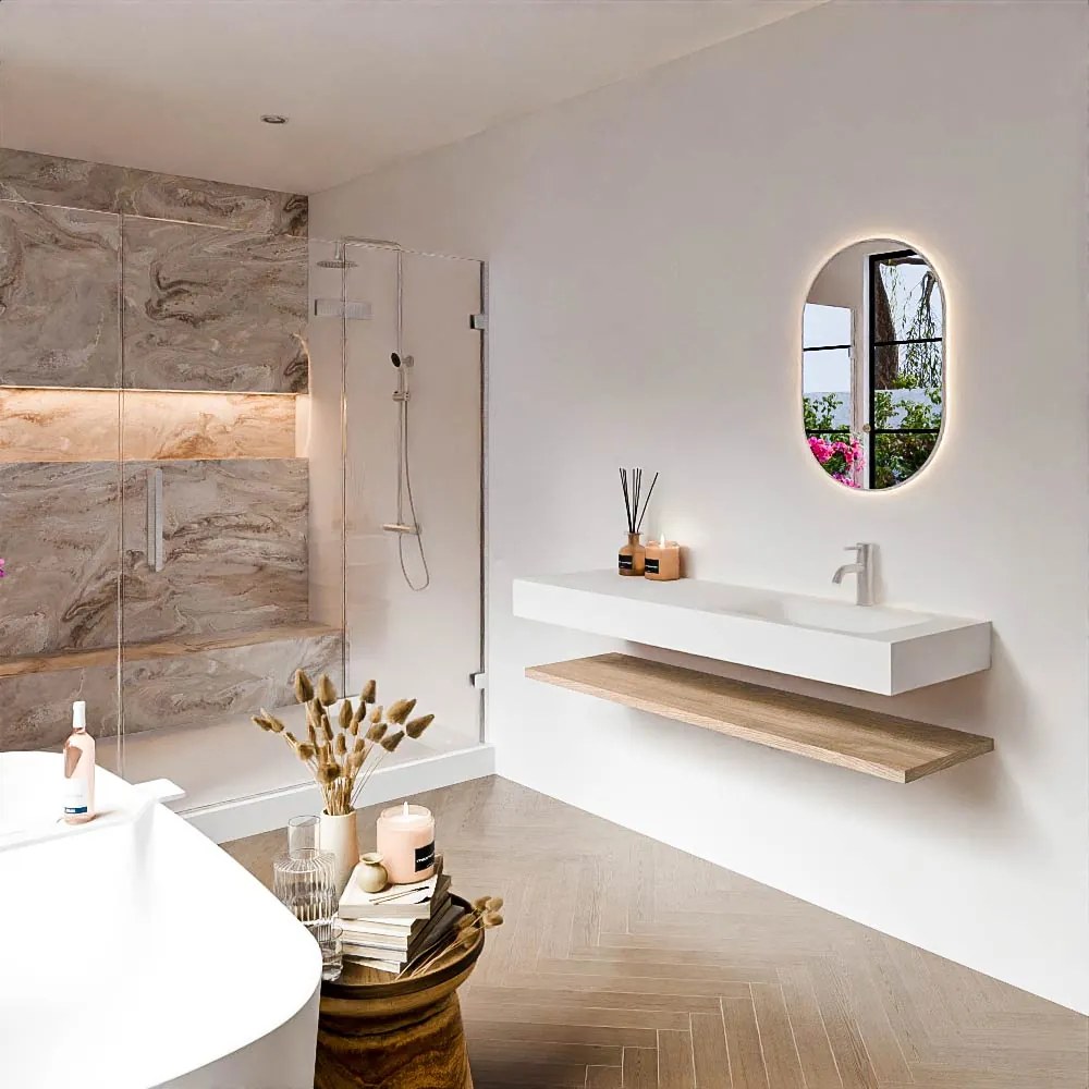 Zaro Alan badmeubel 140cm met planchet washed oak en vrijhangende wastafel cloud rechts 1 kraangat talc