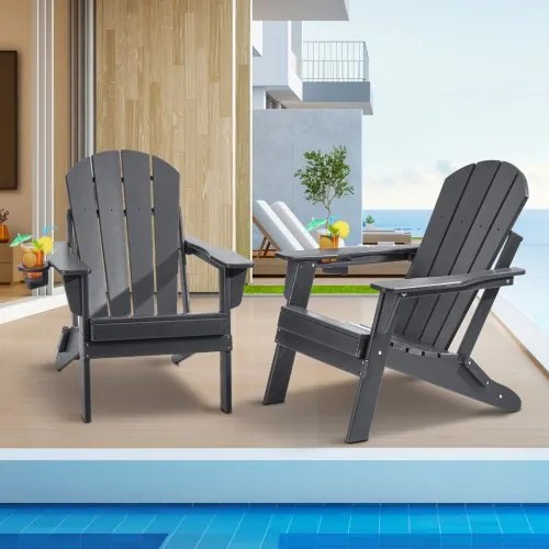 VEVOR Plastic Adirondack stoel, set van 2, weerbestendig, draagbare opvouwbare vuurkorfstoel, Adirondack terrasstoel voor buiten met bekerhouder, met ontspannende armleuning, ergonomisch, voor tuin, achtertuin - grijs
