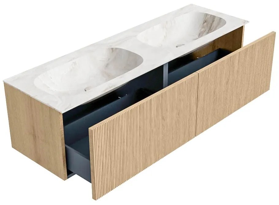 Mondiaz Kurve-dlux 150cm badmeubel oak met 2 lades en wastafel stor small dubbel zonder kraangat frappe
