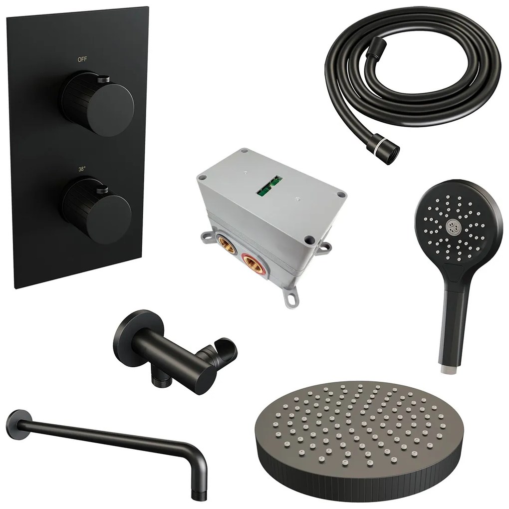Brauer Stripe inbouw regendouche met 25cm hoofddouche, gebogen muurarm en 3 standen handdouche set 17 zwart mat