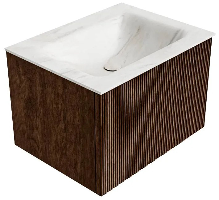 Mondiaz Kurve-dlux 60cm badmeubel walnut met 1 lade en wastafel cloud midden 1 kraangat ostra