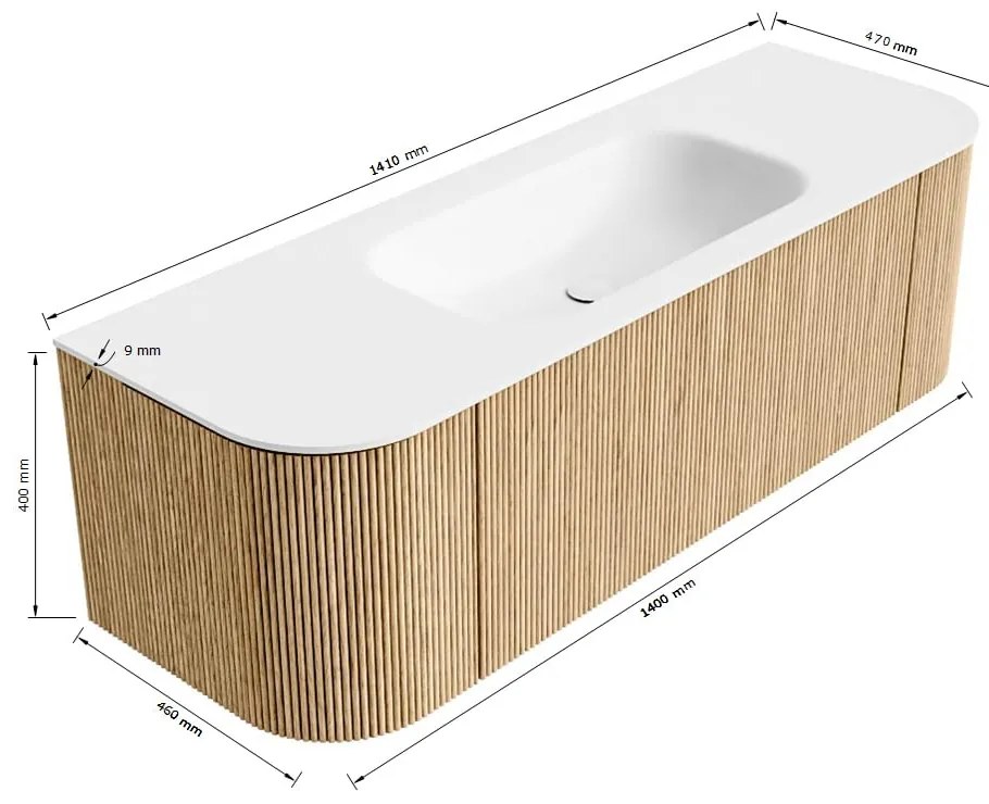 Mondiaz Kurve 140cm badmeubel ronding links/rechts oak met 1 lade en 2 deuren en wastafel big small midden zonder kraangat