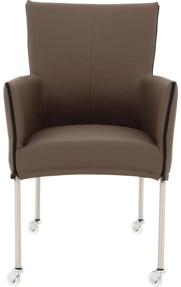 Goossens Eetkamerstoel Funk RVS Poten bruin leer met armleuning en Transparant skater wiel met rvs kapmet wielen, modern design